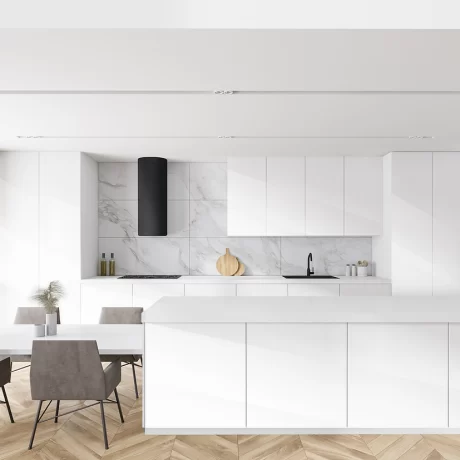 Sleek High Gloss Countertops with Contemporary Slab Door Design