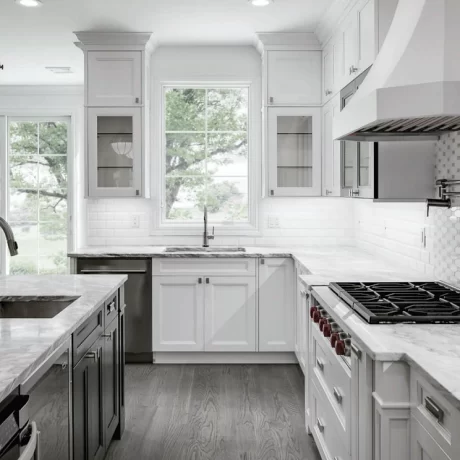 St. Martin Bellrose Bright White & Midnight Blue Kitchen Cabinets: Two-Tone Elegance with Brass Accents