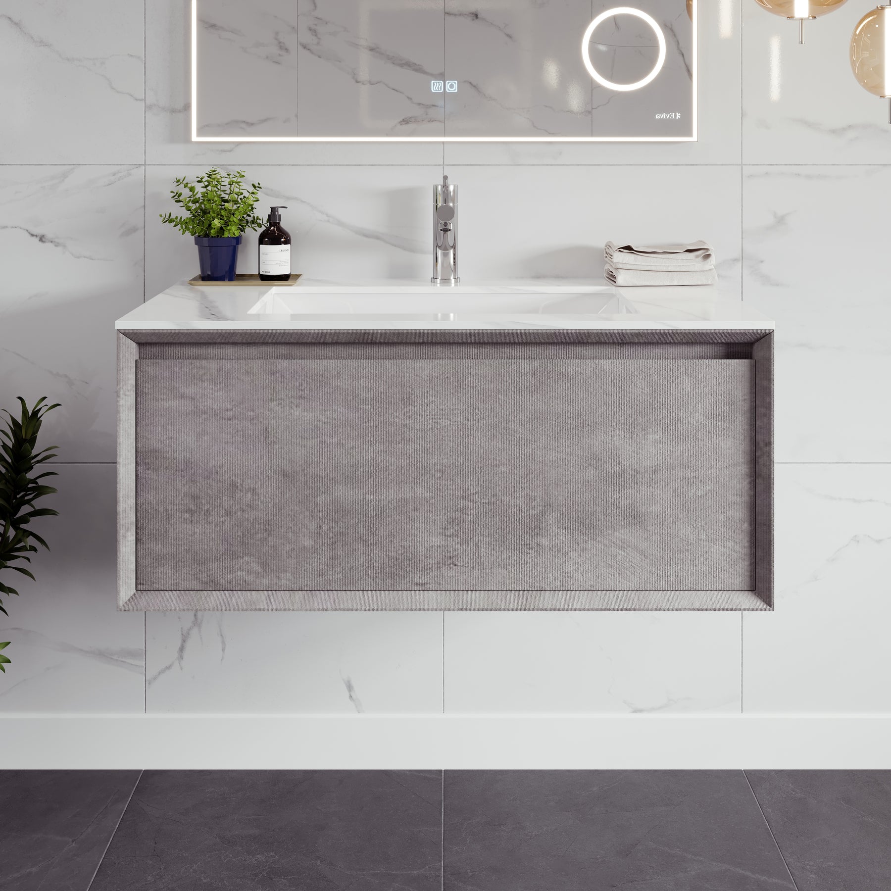 Eviva Vista Cement Gray Wall Mount Bathroom Vanity with White Carrara Quartz Countertop and Undermount Porcelain Sink