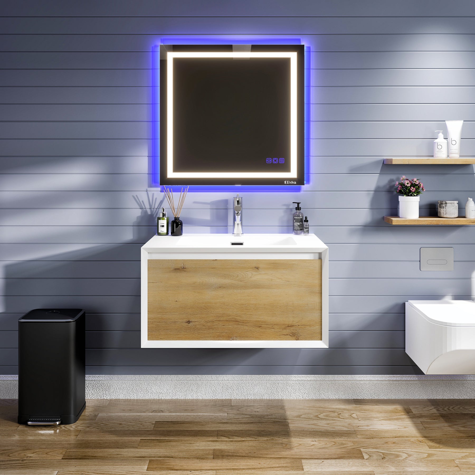 Eviva Venice Oak Wall Mount Bathroom Vanity with White Acrylic Countertop and Integrated Sink