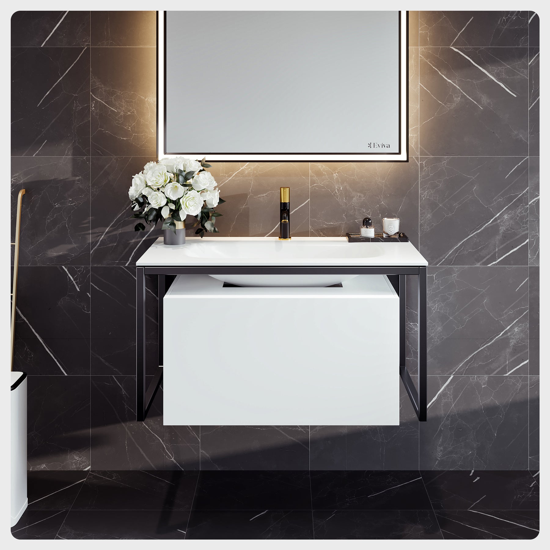 Eviva Modena White Wall Mount Bathroom Vanity with White Solid Surface Countertop and Integrated Sink