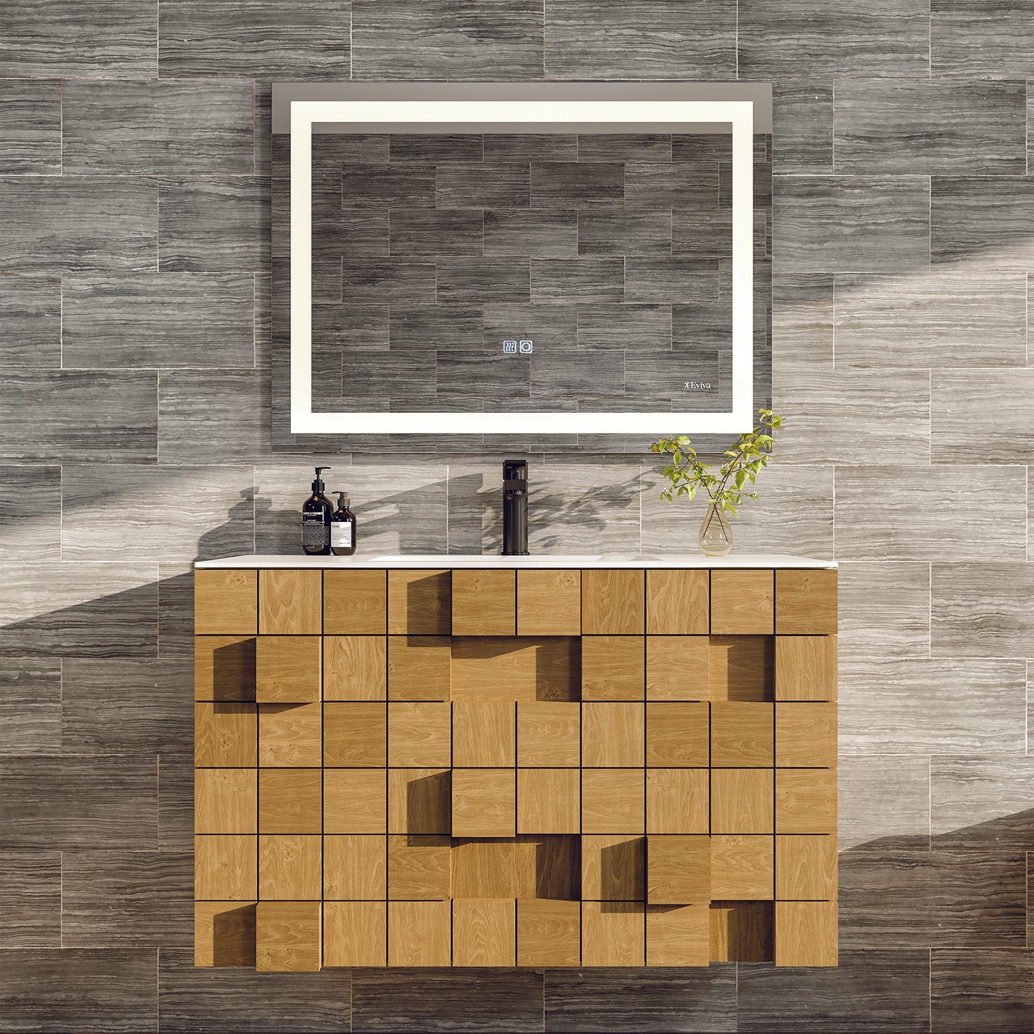 Eviva Mosaic Natural Oak Wall Mount Bathroom Vanity with White Solid Surface Countertop and Integrated Sink