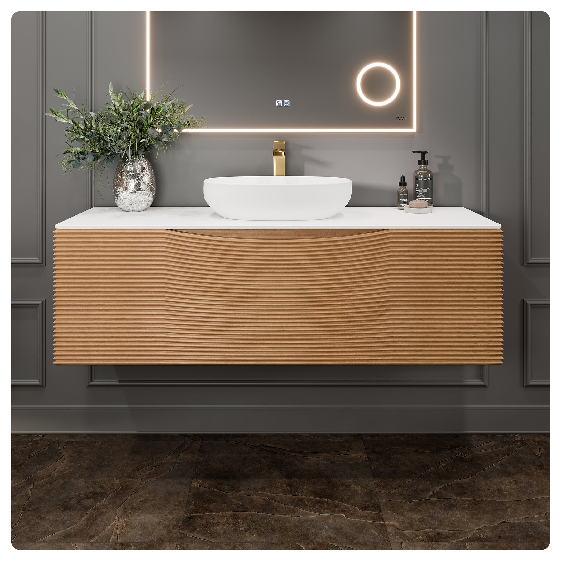 Eviva Leah Medium Oak Wall Mount Bathroom Vanity with White Solid Surface Countertop and Vessel Solid Surface Sink