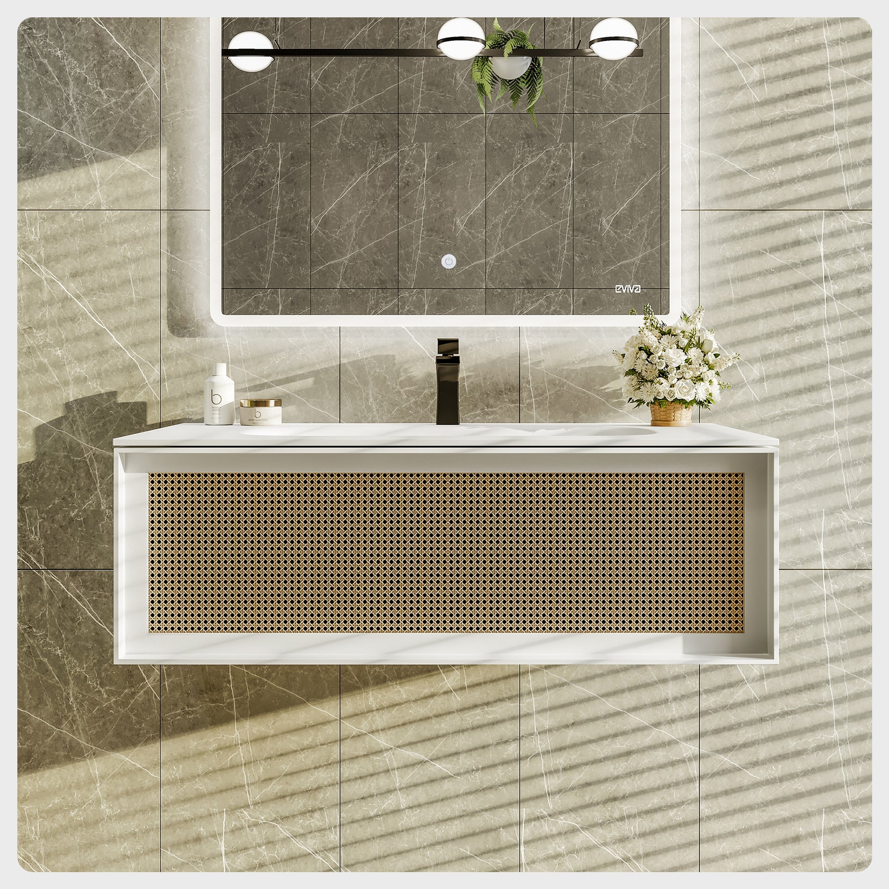 Eviva Nets Natural Oak Wall Mount Bathroom Vanity with White Solid Surface Countertop and Integrated Sink