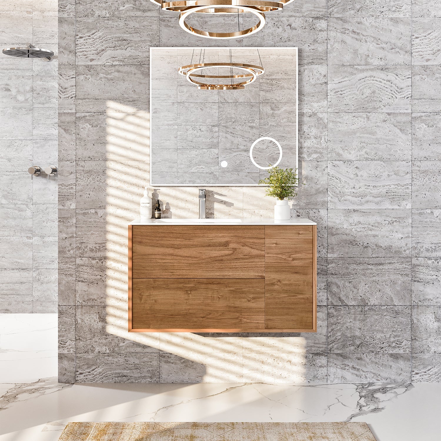 Eviva Prancer Natural Oak Wall Mount Bathroom Vanity with White Solid Surface Countertop and Integrated Sink