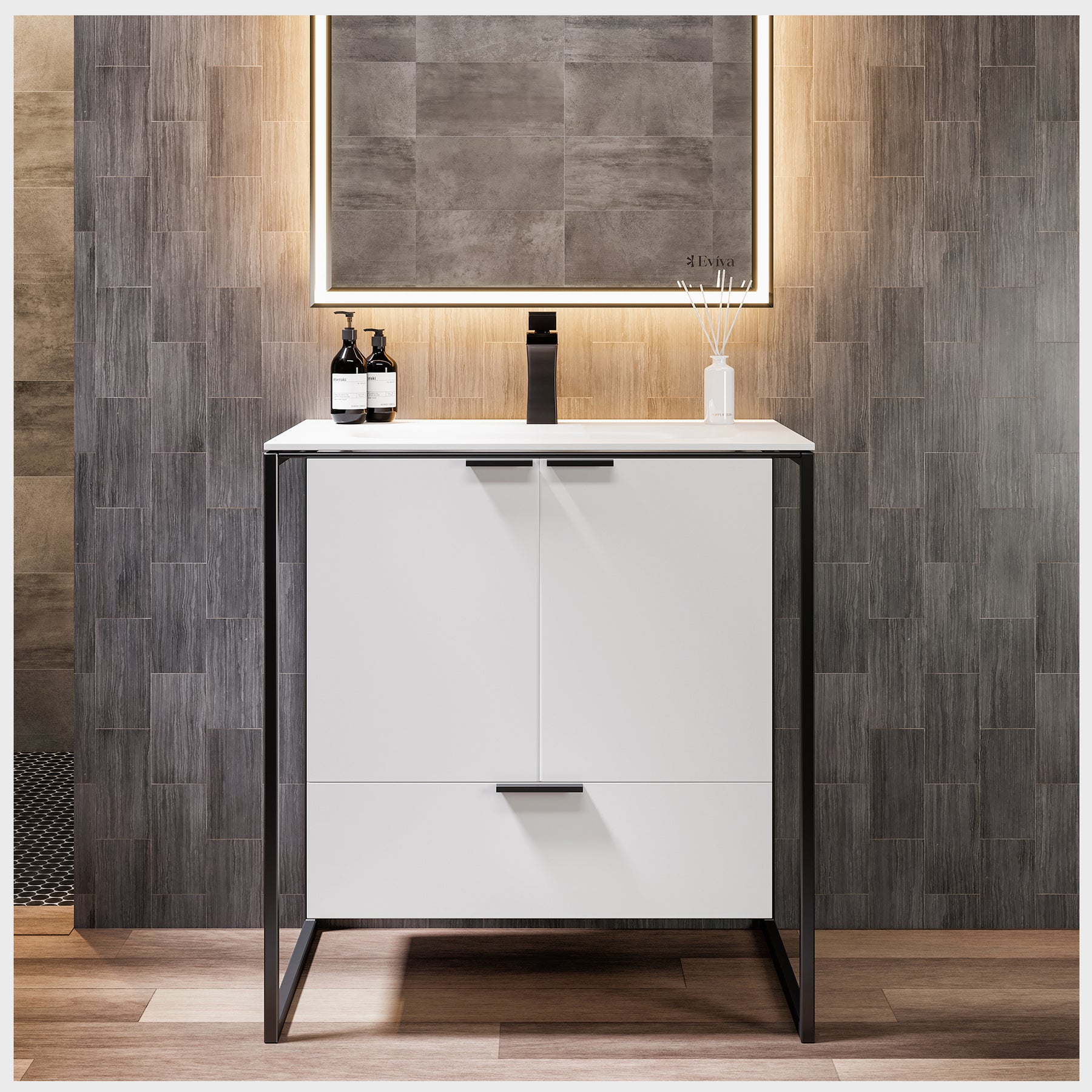 Eviva Moma White Wall Mount Bathroom Vanity with White Solid Surface Countertop and Integrated Sink
