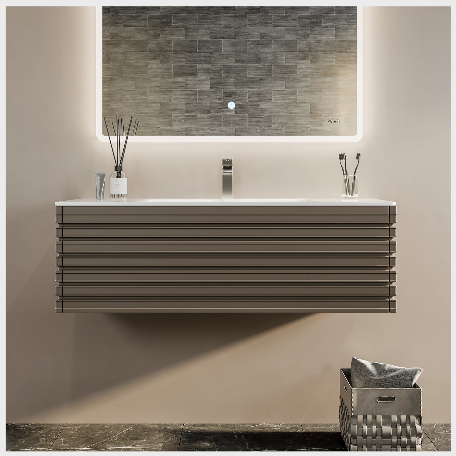 Eviva Dream Wall Mount Bathroom Vanity with White Solid Surface Countertop and Integrated Sink