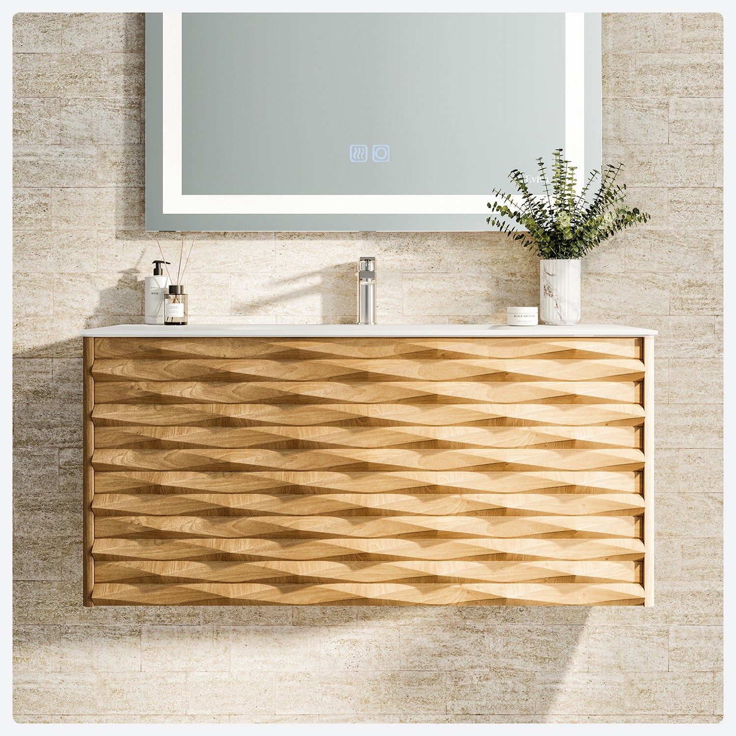 Eviva Oahu Oak Wall Mount Bathroom Vanity with White Solid Surface Countertop and Integrated Sink