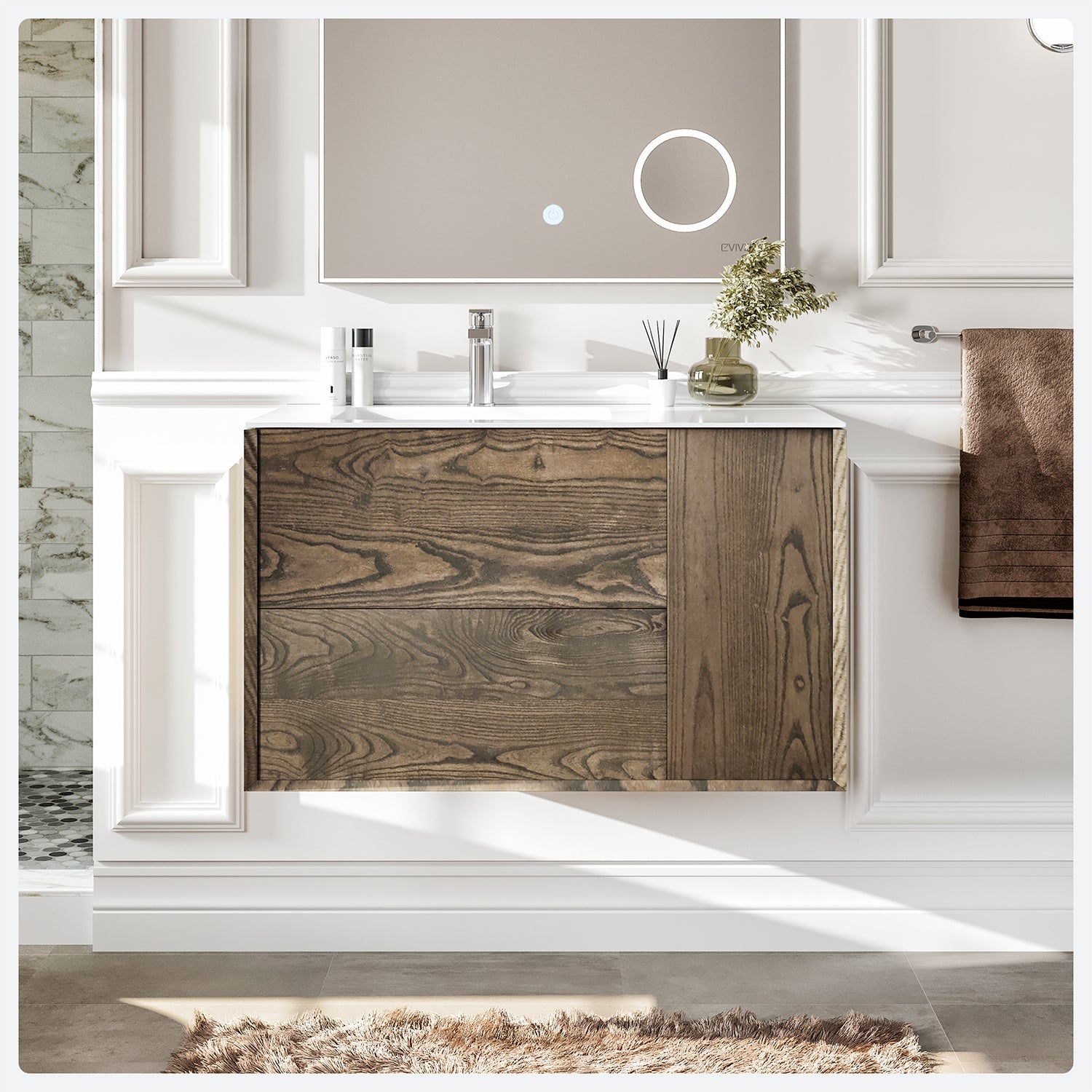 Eviva Ciocco Wall Mount Bathroom Vanity with White Solid Surface Countertop and Integrated Sink