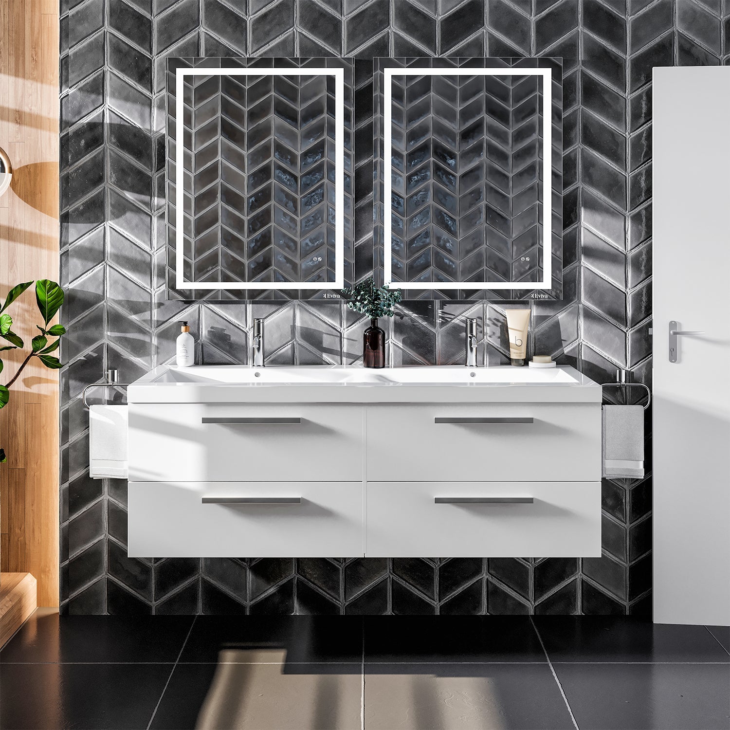 Eviva Surf  Wall Mount Double Sink Bathroom Vanity with White Acrylic Countertop and Integrated Sinks