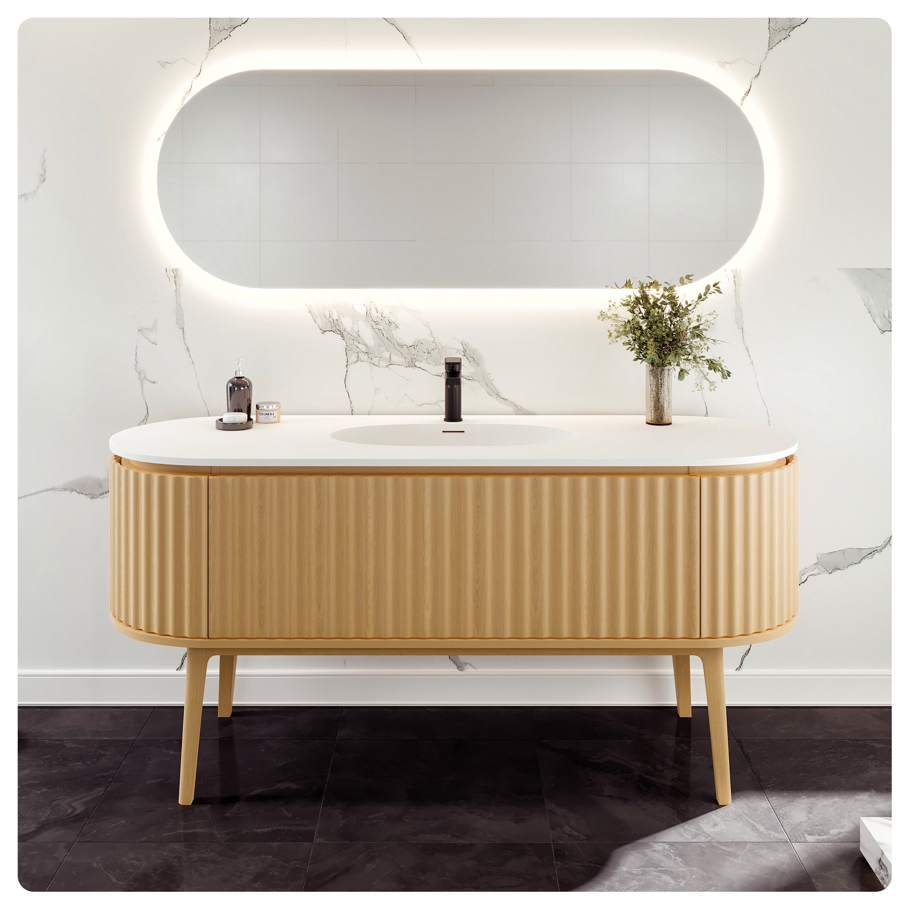 Eviva Haven Natural Oak Bathroom Vanity with White Solid Surface Countertop and Integrated Sink