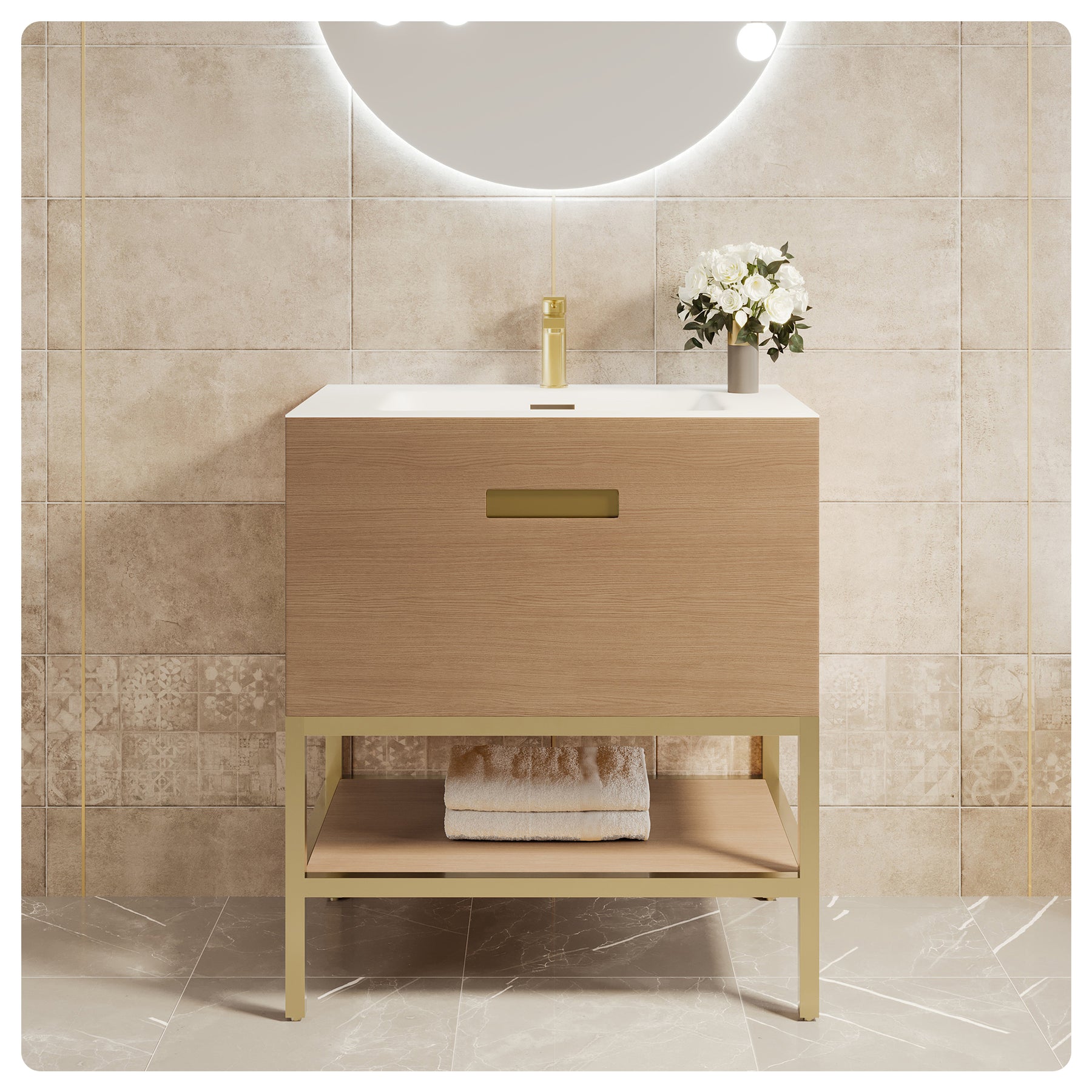 Eviva Iris Natural Oak Bathroom Vanity with White Solid Surface Countertop and Integrated Sink