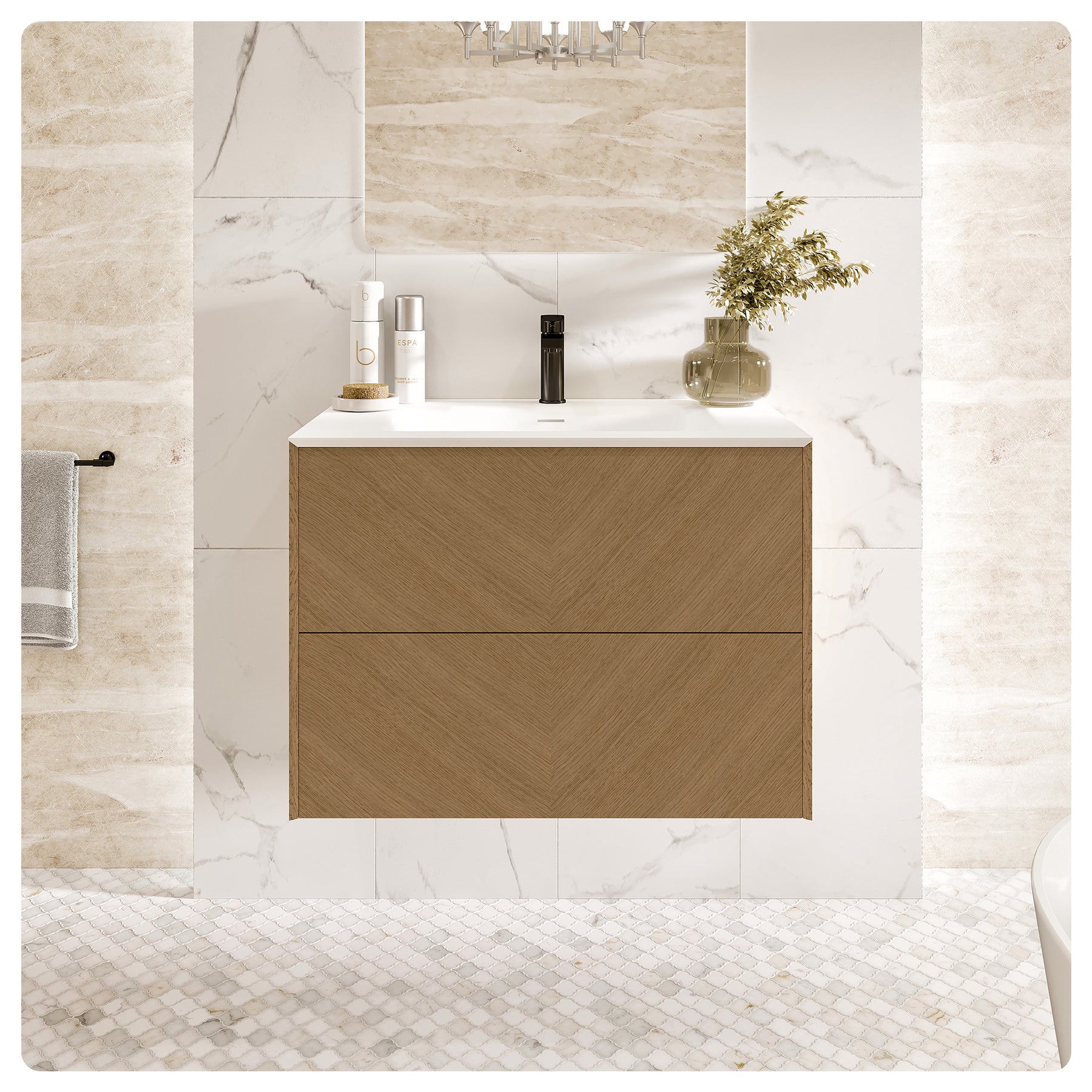 Eviva Lotus Natural Oak Wall Mount Bathroom Vanity with White Solid Surface Countertop and Integrated Sink