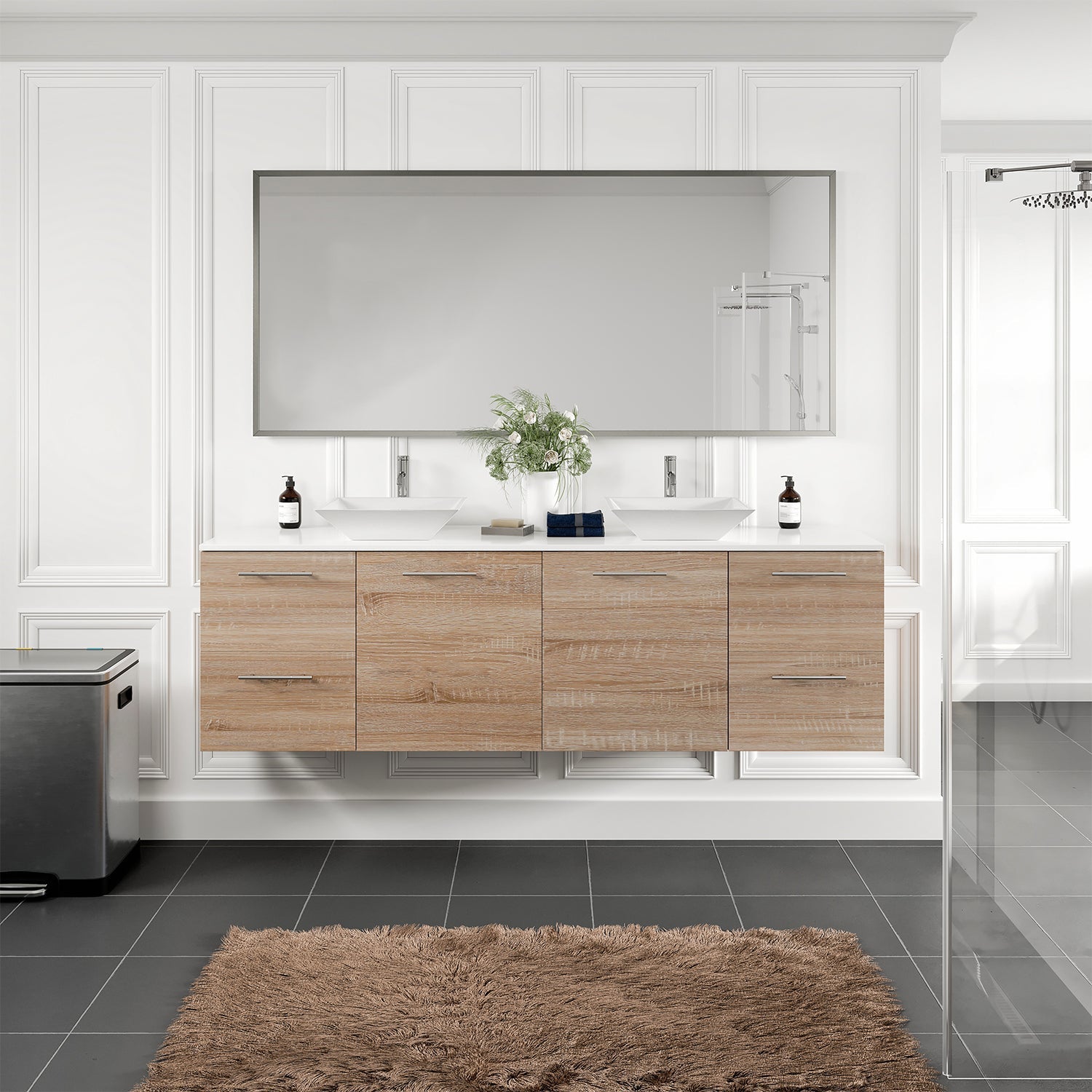 Eviva Luxy White Oak Wall Mount Double Sink Bathroom Vanity with White Quartz Countertop and Vessel Porcelain Sinks