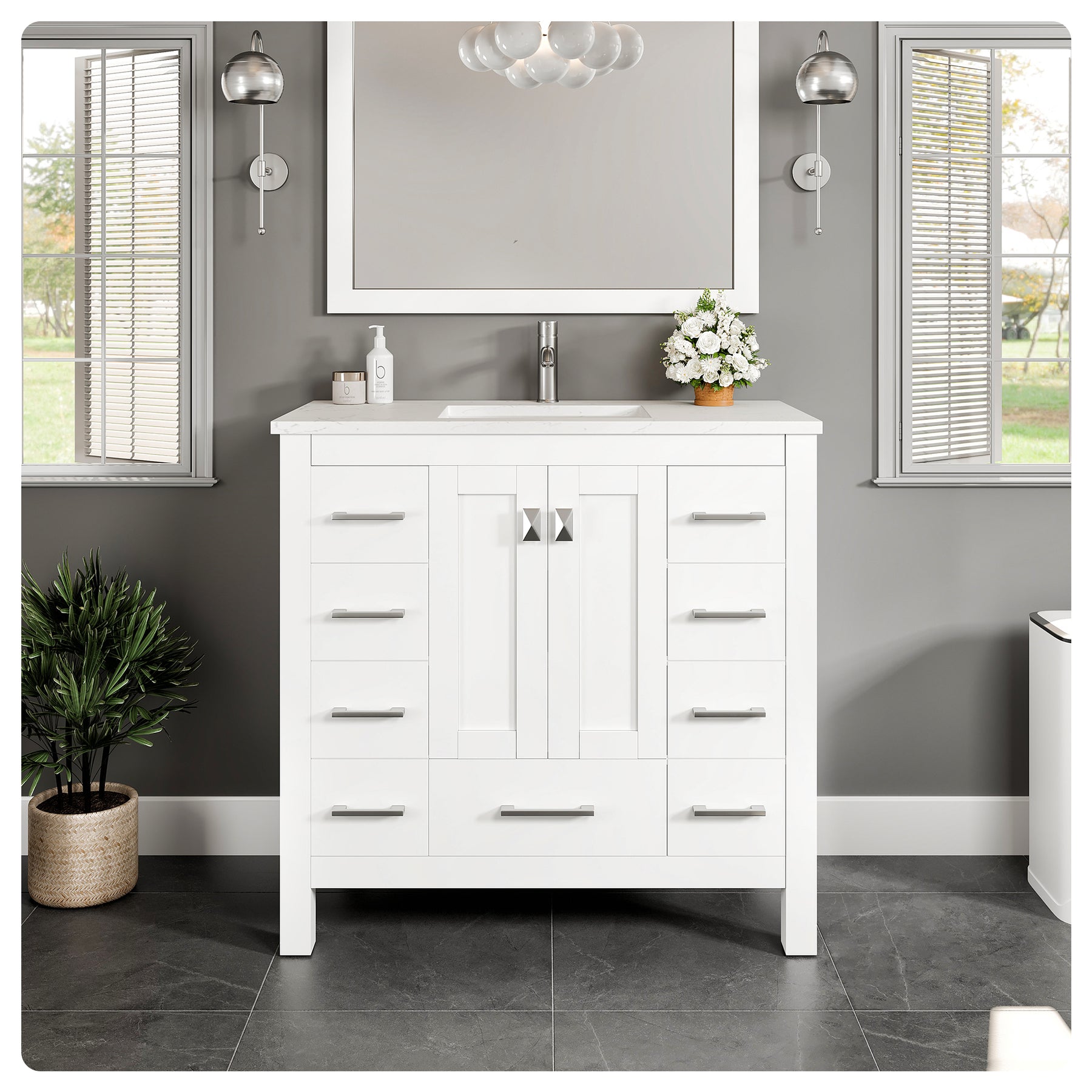 Eviva Hampton Bathroom Vanity with White Carrara Quartz Countertop and Undermount Porcelain Sink