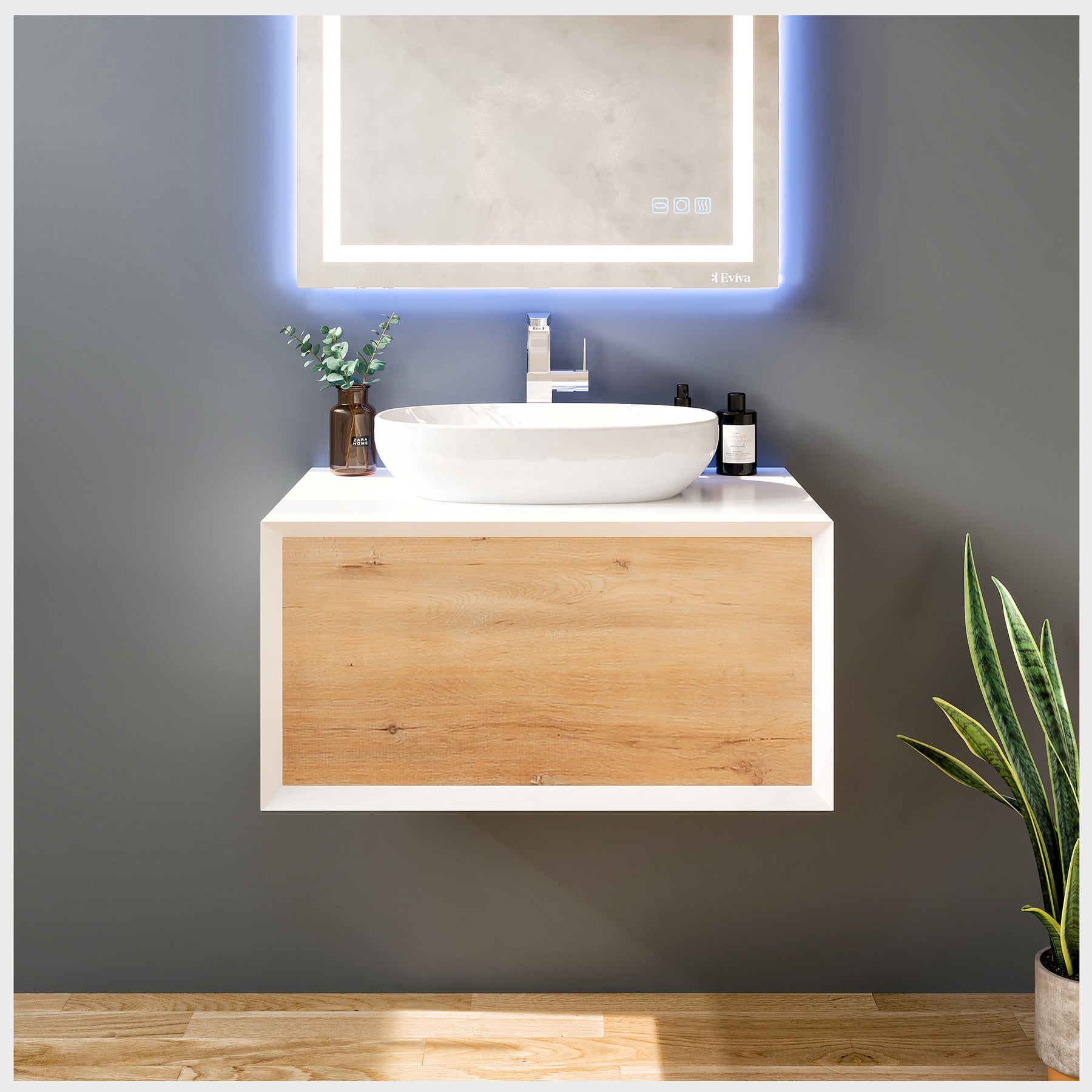 Eviva Santa Monica White Oak Wall Mount Bathroom Vanity with White Acrylic Countertop and Vessel Solid Surface Sink
