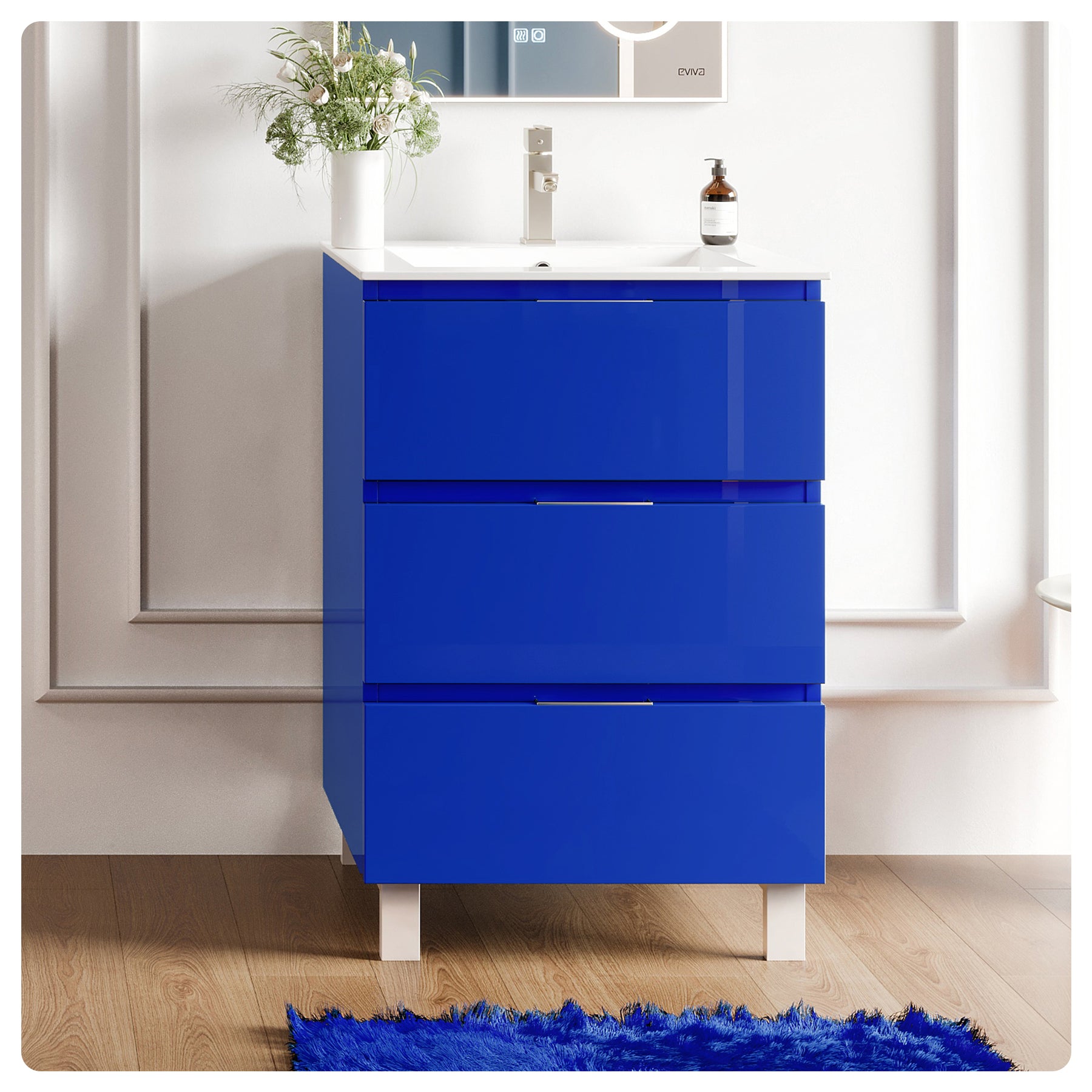 Eviva Malmo Blue Bathroom Vanity with White Porcelain Countertop and Integrated Sink