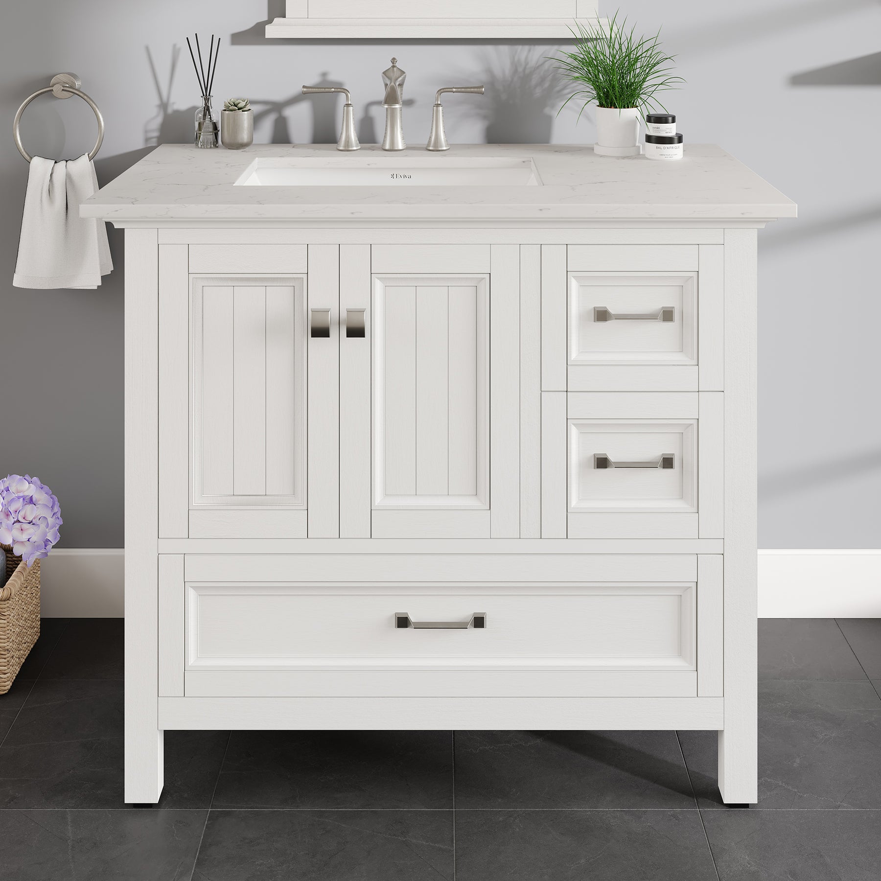 Eviva Britney Bathroom Vanity with White Carrara Quartz Countertop and Undermount Porcelain Sink