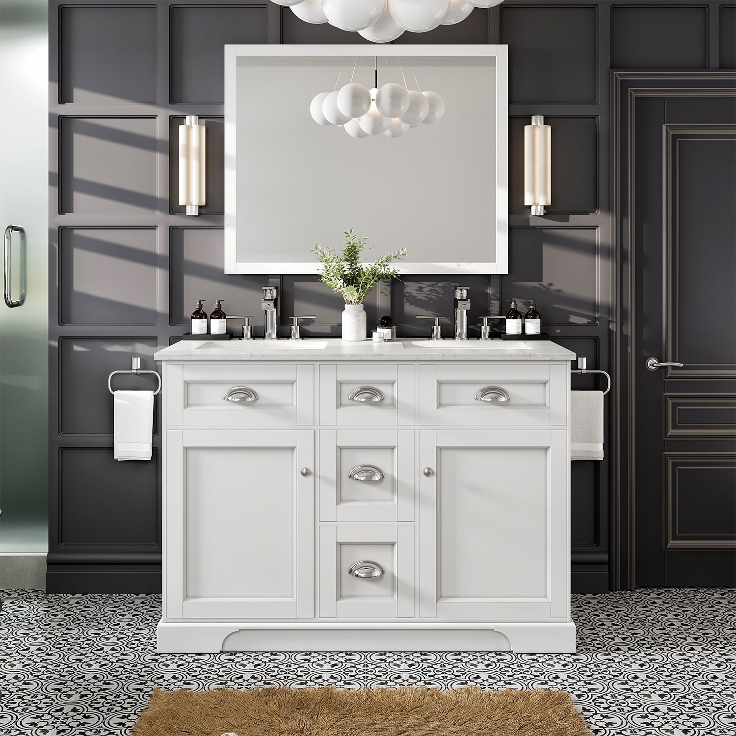 Eviva Epic White Double Sink Bathroom Vanity with White Carrara Quartz Countertop and Undermount Porcelain Sinks