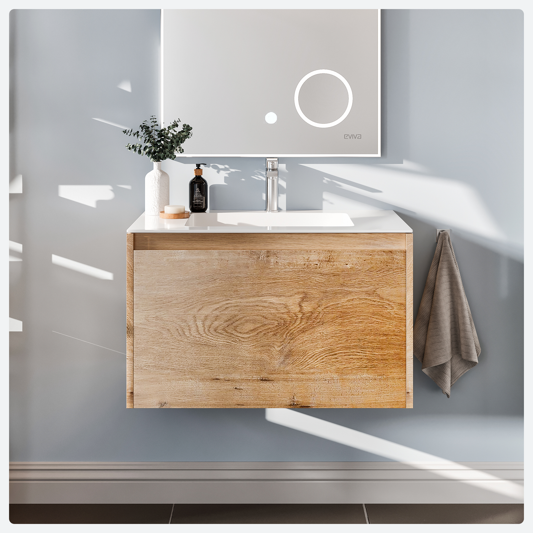 Eviva Madeira Oak Wall Mount Bathroom Vanity with White Acrylic Countertop and Integrated Sink