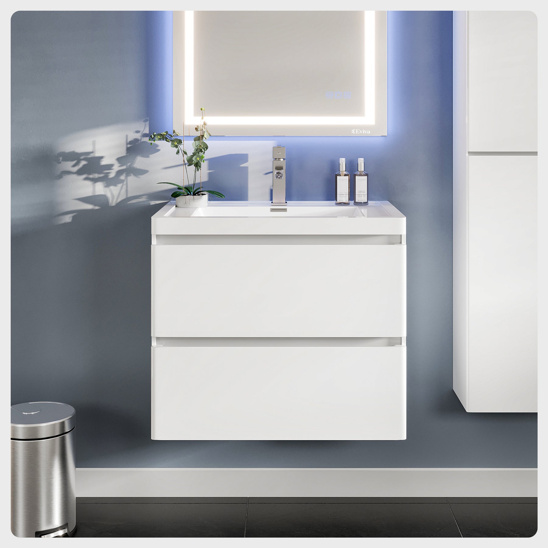 Eviva Glazzy White Wall Mount Bathroom Vanity with White Acrylic Countertop and Integrated Sink