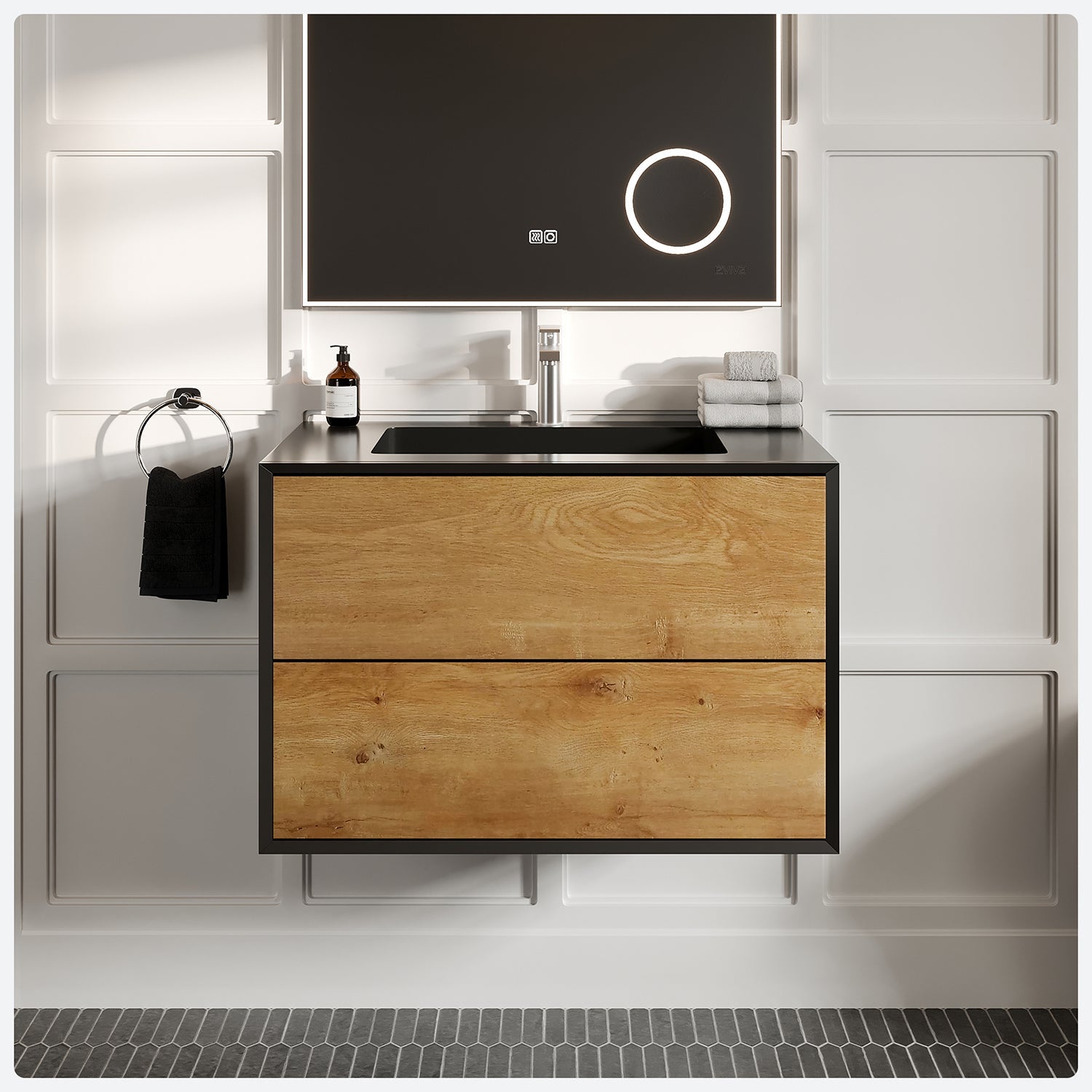Eviva Vienna Oak Wall Mount Bathroom Vanity with Black Acrylic Countertop and Integrated Sink