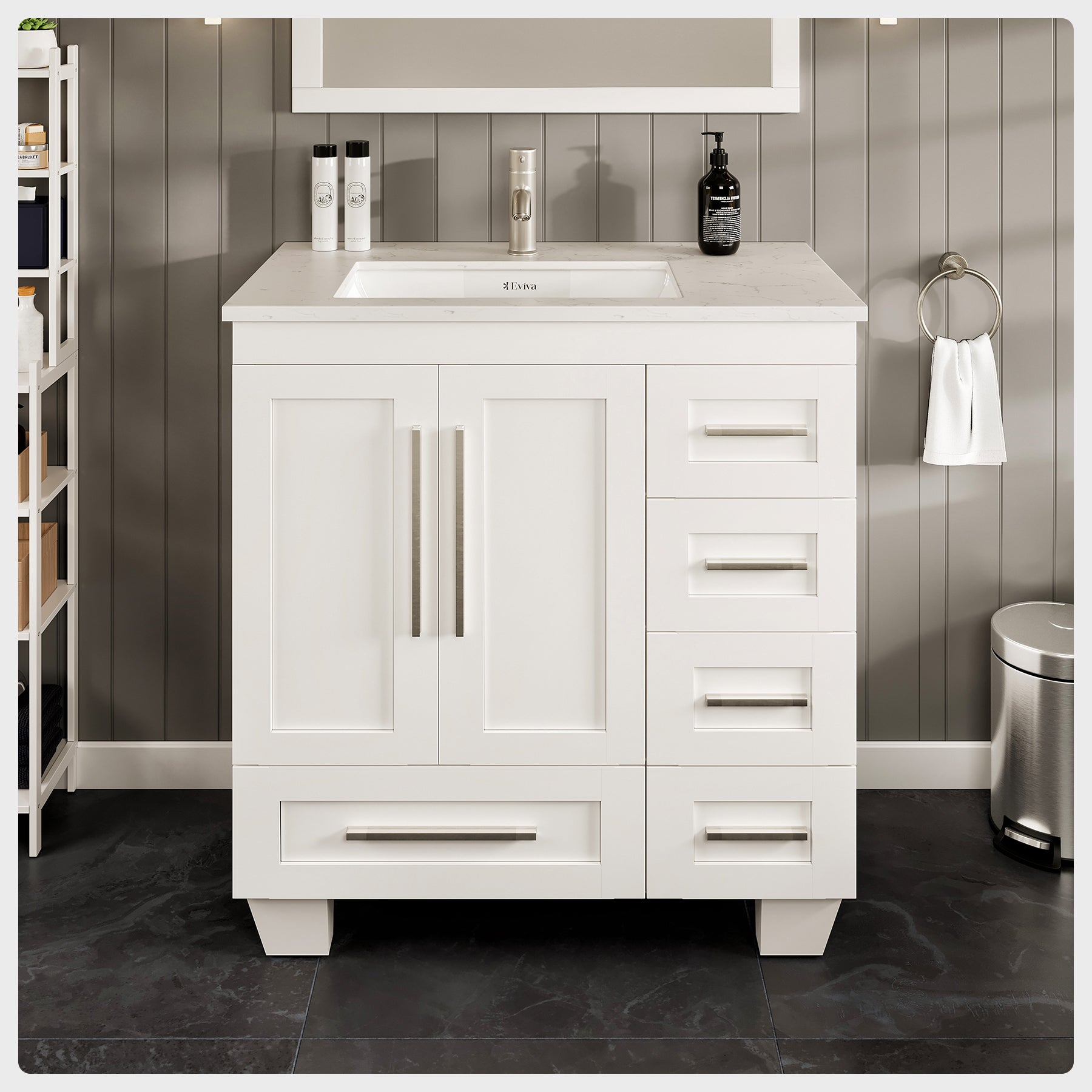 Eviva Loon Bathroom Vanity with White Carrara Quartz Countertop and Undermount Porcelain Sink