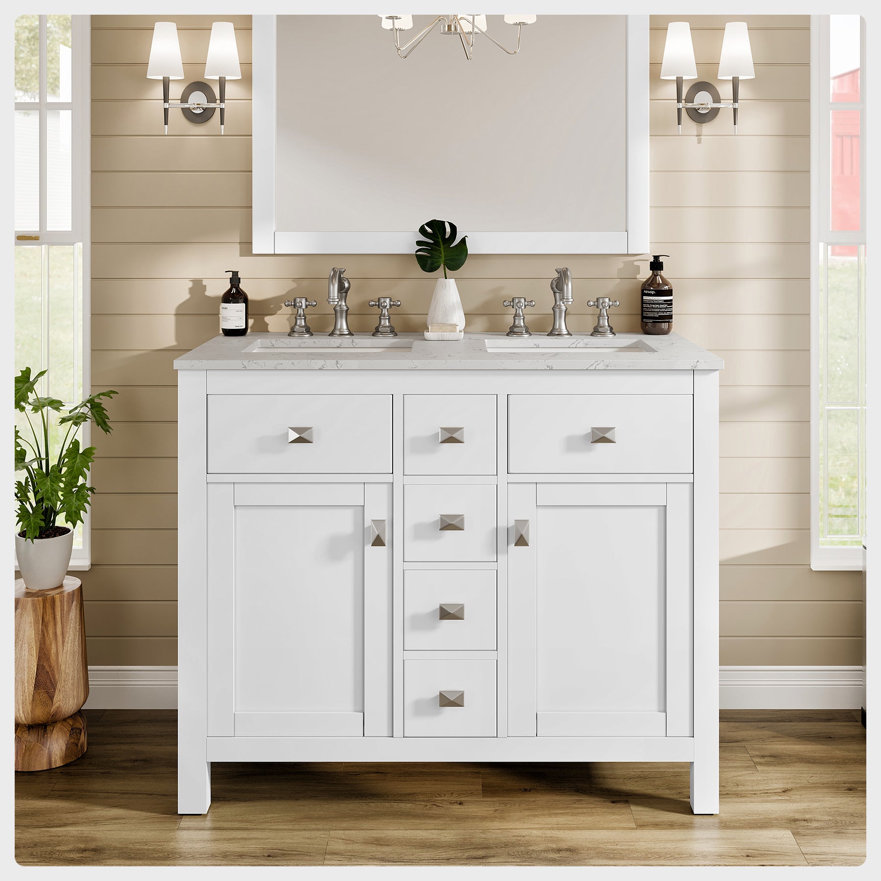 Eviva Artemis Double Sink Bathroom Vanity with White Carrara Quartz Countertop and Undermount Porcelain Sinks